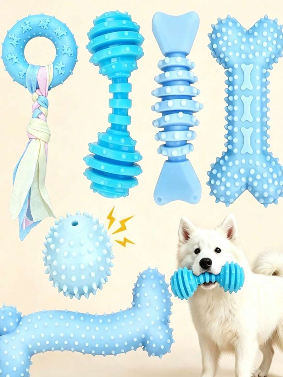 4件套不同形状狗狗磨牙玩具套装，幼犬磨牙玩具，可爱粉蓝软胶互动磨牙玩具，适合小型犬，情人节、圣诞节、感恩节、母亲节宠物礼物