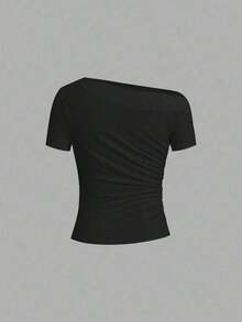 Camiseta de moda de manga corta con hombros oblicuos y ajustada de unicolor para mujer, verano - Multicolor 8 - Ver 6