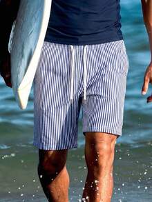 Men's Striped Palm Tree Print Casual Beach Shorts With Drawstring, Summer - Dusty Blue - View 3