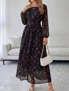 Medorina Vestido casual de mujer con estampado floral y mangas farol para vacaciones - Negro - Ver 6