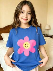 Pink Flower With  Face Printed T-Shirt For Kids - Blue - View 8