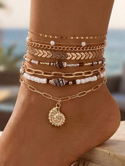 17KM Set de 8 piezas de tobillera con diseño geométrico de conchas y perlas falsas de estilo bohemio minimalista, adecuado para mujeres, hermanas, parejas, vacaciones, citas, regalos, uso casual diario, fiestas, bodas