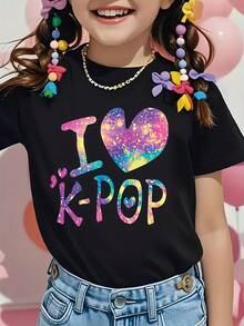 Camiseta de Nias "Amo la Msica Pop Coreana" con Estampado de Letras en Degrad← de Colores, Cuello Redondo Suave y El£stico, Manga Corta, Ideal para Fans de K-Pop, Moda Casual para Primavera y Verano, Perfecta para el D■a a D■a y Actividades al Aire Libre - Negro - Ver 2