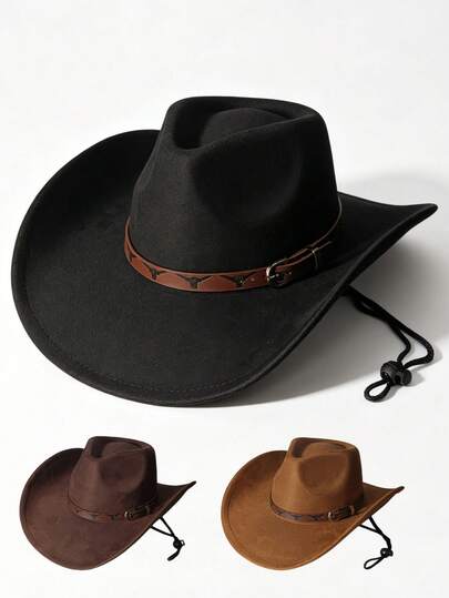 Western Cowboy Hat For Men & Women - Wide Brim Felt Fedora With Bull Skull Embossed Leather Band & Adjustable Chin Strap, Vintage Style For Rodeo, Festival, Outdoor & Daily Wear, Multi-Color Options