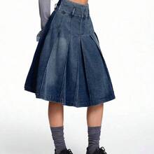 guangzhougaolangshangmao  Falda mini plisada de línea A de denim azul para mujer - Azul lavado oscuro - Ver 5