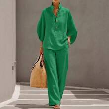 Women's Stand Collar Half-Button Two-Piece Linen Set, Batwing Sleeve Blouse With Elastic Waist Wide Leg Pants, Relaxed Fit Silhouette, Casual Minimalist Style, Available In Multiple Colors, Suitable For Daily Wear, Travel, Errands And Relaxed Outings - 土黃色 - 查看 4
