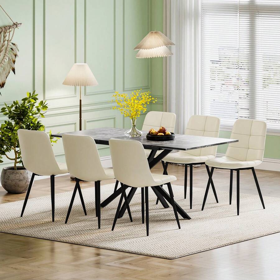 Luxstein Extendable Dining Table And Chairs Set Of 4, Concrete Effect Rectangular Table With Upholstered Linen Chairs For Dining Room, Kitchen - Concrete-colored Dining Table + Beige PU Dining Chairs - View 1