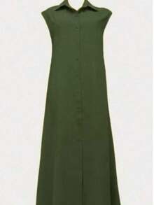 Vestido largo de verano elegante de unicolor con botones delanteros para uso casual y de oficina - Rojo - Ver 6