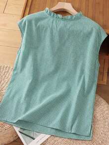 Blusa de mujer de lino a cuadros, estilo vintage con cuello de volantes, manga corta, holgada y casual. Blusa de verano, ligera y transpirable, de estilo bohemio - Rojo verde - Ver 2