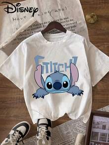 Disney Stitch Graphic Print T-Shirt For Women - Casual Crew Neck Short Sleeve Tee With Blue & Pink Character Design, Soft Polyester Blend, Perfect For Spring/Summer/Fall, Disney Shirts - 白色 - 查看 6