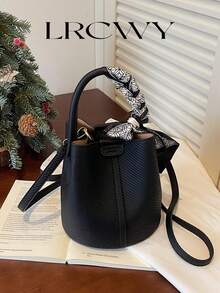 Women's Bucket Bag, Fashion Versatile Elegant Solid Color Striped Black Handbag With Scarf, Suitable For Shopping And Commuting, Small Pouch Included - Black - View 3