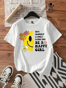 Camisetas para adolescentes : Camiseta ajustada de manga corta con cuello redondo para mujer, color blanco, con estampado casual de cara sonriente amarilla y la frase "Be A Happy Girl" en inglés, adecuada para el verano. - Camiseta ligera de verano - Fondo negro con letras blancas - Lavable a máquina, top casual para el día a día, adecuado para adultos, ropa casual, estilo urbano, fácil de cuidar, ropa con eslogan, para amantes del humor, diseño divertido, tela transpirable, ropa con humor, ropa para hombres adultos. MQRA Ropa De Niña,Conjuntos Para Niña,Tops Para Adolescentes,Blusas,Blusas Para Niña,Blusas De Niña,Vestido Juvenil Ropa Hombre,,playera De Hombre,playeras Oversize De Hombre, Hombre,playeras De Hombre Algodón,playera Hombre,local,camisetas gráficas de verano para mujeres,moda urbana local de primavera/verano,primavera‑verano, chic,estilo multifuncional, corte regular, 1 unidad,unisex, ideal para oficina y ocio. Paquete de una pieza. - Blanco - Ver 8