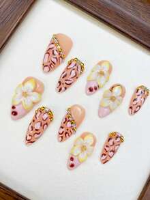 10Pcs Handmade 3D Flowers, Almond Summer Hawaii Press On Nails Art Sticker, Pink Hand-Painted Leopard Print, Ab Color Diamond Nails - Multicolor - View 4
