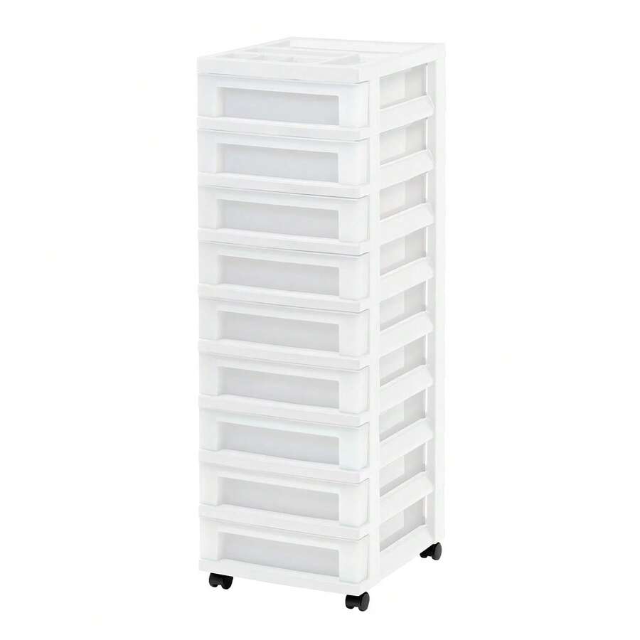 IRIS 9-Drawer Narrow Plastic Storage Drawer Cart With Organizer Top, White - White - View 1