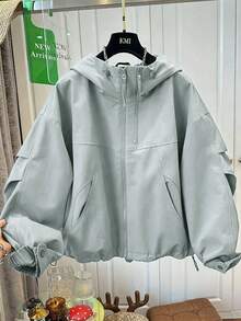 Spring & Autumn Loose Fit Hooded Windbreaker Jacket For Women, Fashionable Versatile Short Bomber Jacket With Stylish Design - Light Blue - View 8
