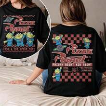 (Authorized By Disney. Mickey Mouse) Disney's "Toy Story" Pizza Planet Collection Features A Retro-Style Alien With A Classic Red And White Checkerboard Pattern And The "Pizza Planet" Slogan. The Collection Includes Stylish Women's Cotton T-Shirts. The Fabric Is Soft, Comfortable, And Breathable, Making It Suitable For Everyday Wear, Shopping, Travel, Parties, And Lounging At Home. The Collection Is Suitable For Both Women And Men And Also Makes A Great Gift For Couples. A Must-Have For Every Woman! - màu đen - Xem 1