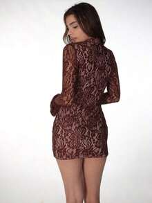 Spring Party Dress: Fitted Mini, Flared Sleeves And Hollow Lace Details – Elegant Look - 棕色 - 查看 4