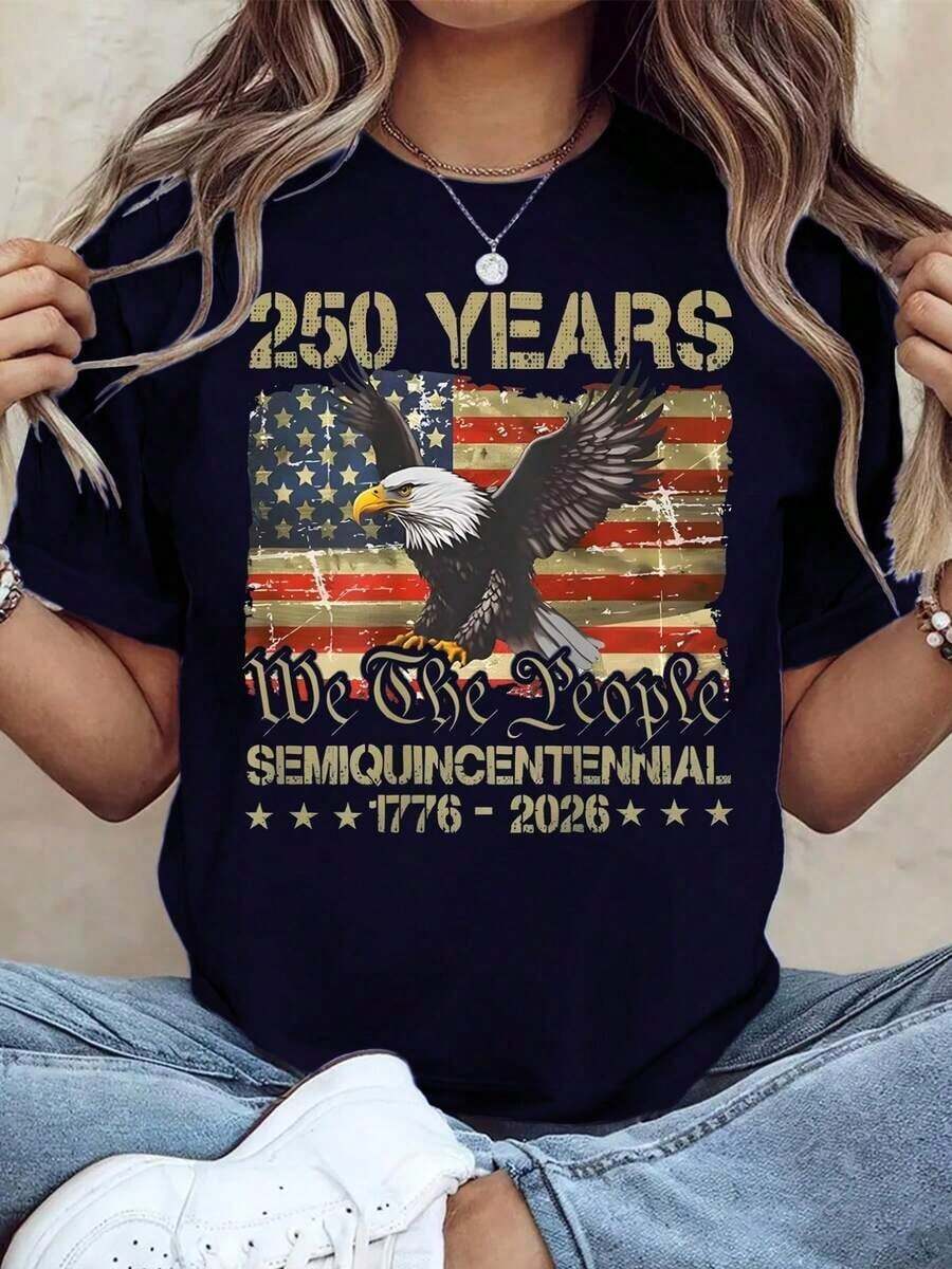 Camiseta Conmemorativa Patriótica del 250º Aniversario del Día de la Independencia de los Estados Unidos, Camiseta para Celebrar el 250º Aniversario, Top Casual Diario Cómodo y Holgado para Mujer, Adecuada para Eventos y Fiestas, Tejido 100% Algodón, Lavable a Máquina - Azul Marino - Ver 1