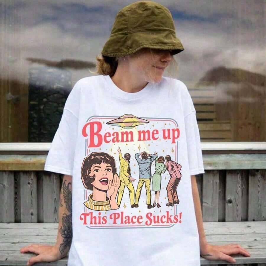StrangerThings Beam Me Up This Place Sucks Shirt and Sweatshirt, Space Humor Tee, Alien UFO Retro Quote, Trending Movie ST5 movie sweatshirt StrengersThings playeras para mujer,playeras deportivas para mujer,tops deportivos para mujer,blusa mujer,camisas para hombre,unisex M451 - Blanco - Ver 1