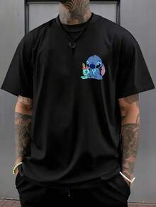 1 pièce, Nouveau T-shirt Disney pour homme, Stitch << Je m'en remettrai » - Imprimé amusant à l'avant et à l'arrière, T-shirt à col rond, décontracté et confortable, idéal pour le sport et les loisirs, T-shirt pour femme à la coupe décontractée, excellente idée cadeau, un incontournable de l'été. - Noir - Voir 2