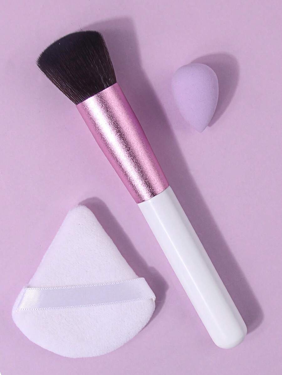 Set de 3 piezas de herramientas de maquillaje, brocha para rubor en polvo con esponja de maquillaje y borla de polvo, mango de madera, kit multifuncional para maquillaje diario