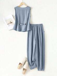 Conjunto informal de mujer para vacaciones con blazer, chaleco y pantalones de lino, para primavera/verano - Niebla azul - Ver 2