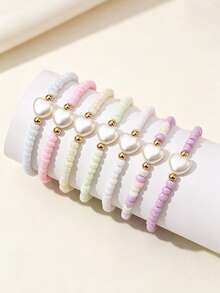 7pcs/Set Girls Exquisite Cute Heart & Star Decorated Colorful Beaded Bracelet Set, Multi-Layer Stackable Bracelets, Suitable For Girls To Wear At Parties, Gatherings, Daily Wear - one-size - View 3