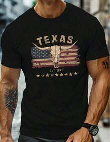 Camiseta Casual de  Estampado de texas    - Mezcla de Poliéster y Spandex Suave, Cuello Redondo, Manga Corta, Lavable a Máquina - Negro - Ver 5