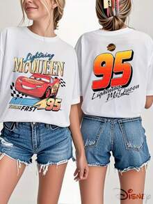 Disney Lightning McQueen Reversible Printed Plus-Size Women's T-Shirt, Loose Round Neckline, Featuring A '95'-Orange-Red Gradient Double-Sided Print, Recommended For Spring And Summer, Machine Washable Fabric, Slightly Stretchy, Exclusive For Fans. - trắng - Xem 6