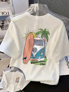 大尺碼女款夏季巴士與衝浪板印花可正反穿圓領短袖休閒上衣 白色 - 白色 - 查看 3