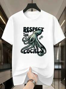 Camiseta de hombre con estampado de pulpo, algodón premium, corte holgado, estilo hip-hop urbano, cómoda, estampado llamativo, nuevo lanzamiento. - Blanco - Ver 2