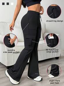 Women'S Functional Flare Cargo Pants, High Waist Elastic Drawstring Bootcut Leggings With Multi-Pockets, Stretchy All-Purpose & Casual Pants - Black - View 1