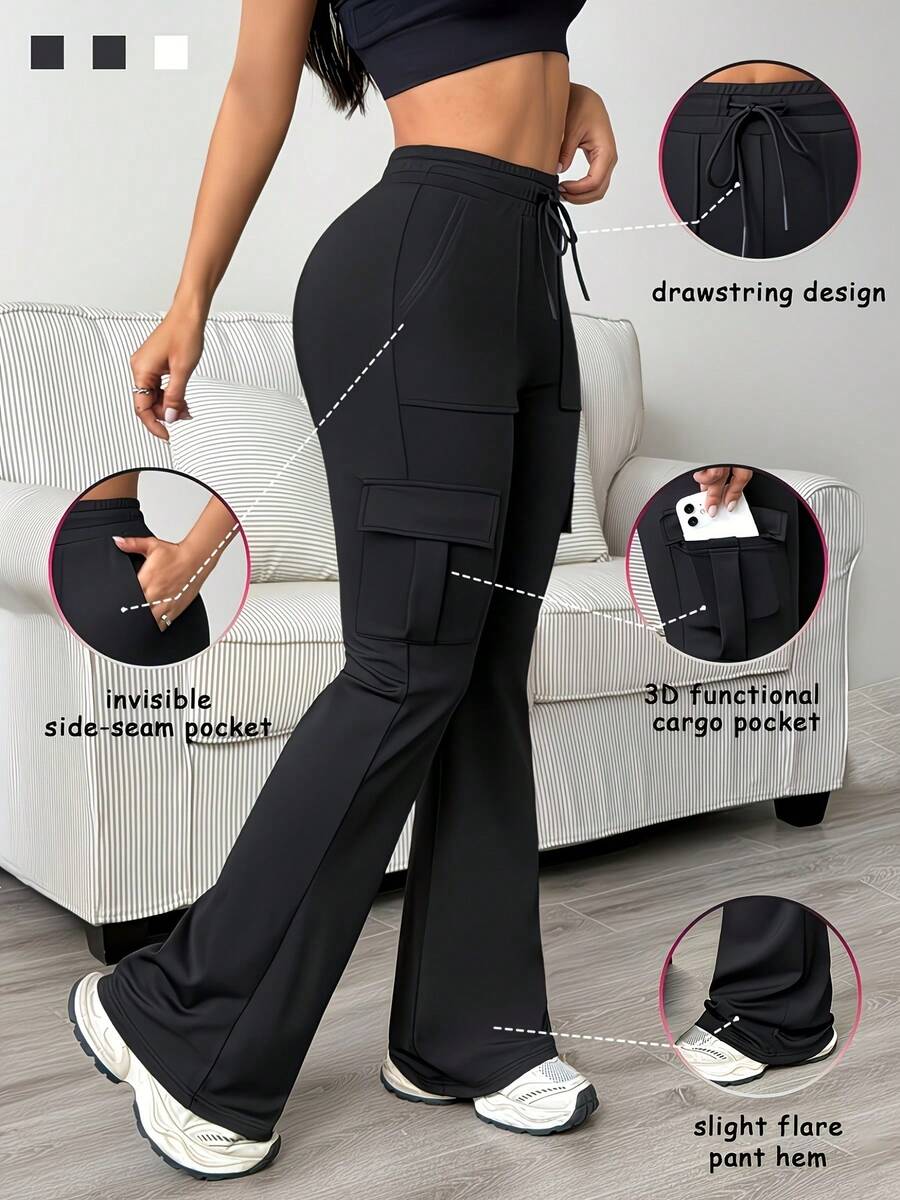 Women'S Functional Flare Cargo Pants, High Waist Elastic Drawstring Bootcut Leggings With Multi-Pockets, Stretchy All-Purpose & Casual Pants - Black - View 1