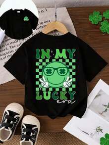 Short-Sleeved T-Shirt With Minimalist Print Of Shamrock,  Face, Checks And Lettering, Suitable For St. Patrick's Day, Spring/Summer, For Toddlers - Green - View 2