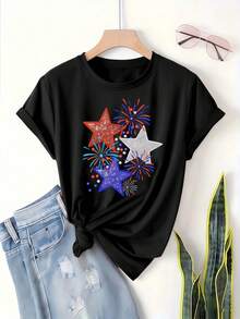 Summer Casual Women's Top, Star THE BRIDE EST Print, Retro Pure Cotton Short Sleeved T-Shirt, Casual Street Pattern Short Sleeved T-Shirt - 黑色1 - 查看 10