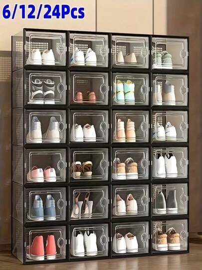 32pcs Large Stackable Modular Shoe Storage Boxes Transparent Plastic Shoe Organizer With Lids Shoe Rack Display Containers White Dust-Proof Clear Foldable Sneaker Organizer Cabinet Closet Shelves Stackable Storage Solution Bedroom Wardrobe Accessories Compact Space-Saving Shoe Holder Organizers Home Organization Multipurpose Container System
