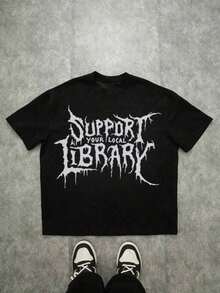 Camiseta con Estampado de Estilo Gótico "Apoya tu Biblioteca Local", Manga Corta Casual y Cómoda, Camiseta de Algodón Grueso de 220 Gramos, Halloween, Ropa de Otoño, Talla Grande - Negro - Ver 7