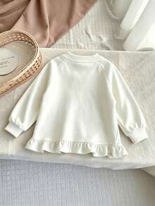Milk Fufu Girls' Spring/Autumn Sweet Style Long Sleeve T-Shirt, Round Neck Lace Hem Sweatshirt Sleeve Rabbit Print Soft Cute Top - White - View 2