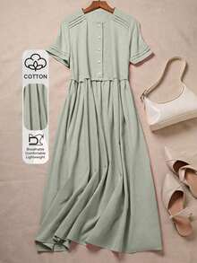 Vestido camisero de algodón y lino de unicolor y manga corta para mujer - verde menta - Ver 1