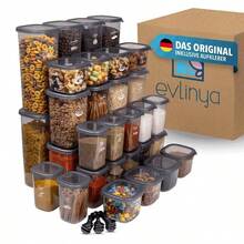 EVLINYA Peggy Aufbewahrungsdosen Set 36-teilig – Mix aus 4 Größen (1750 ml/1200 ml/550 ml/450 ml) für Küche & Vorratskammer, stapelbare, transparente Vorratsbehälter mit Deckel zur Organisation von Pasta, Reis, Müsli, Backzutaten, Snacks & Gewürzen – inkl. 54 Etiketten – mit Gewürzdosen mit Dosierdeckel - Übersicht 1