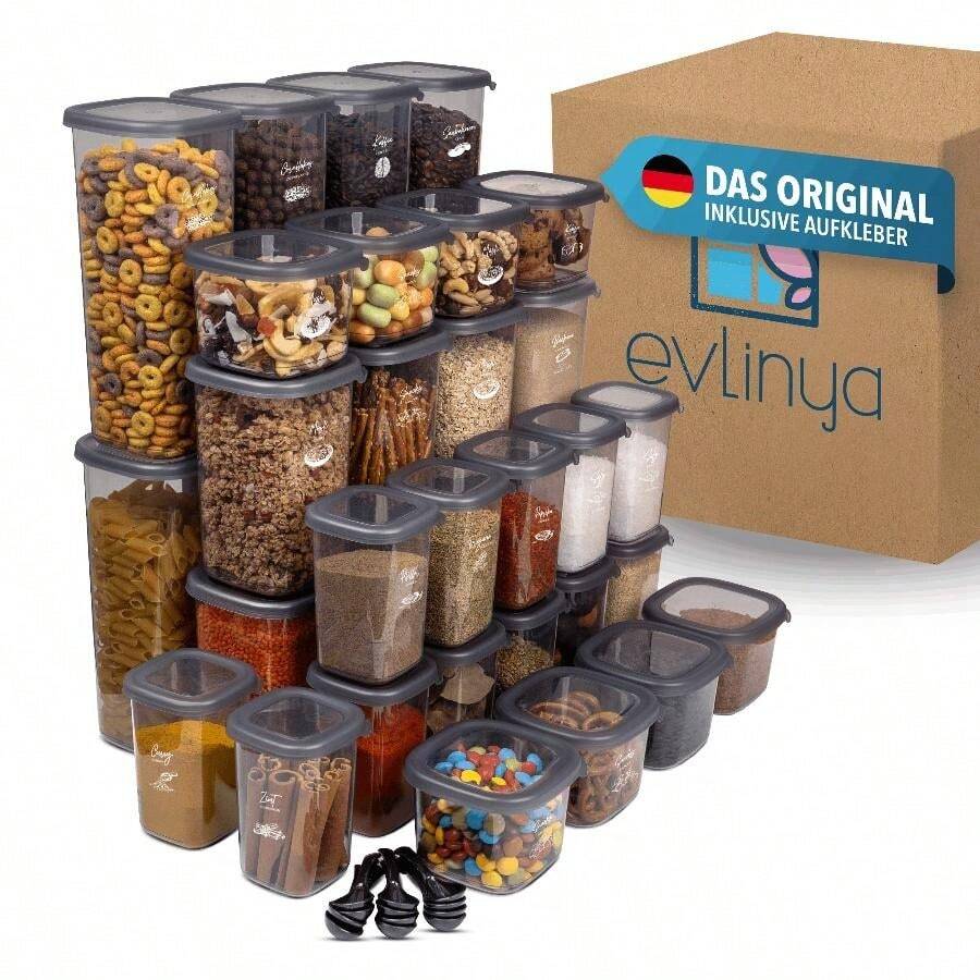 EVLINYA Peggy Aufbewahrungsdosen Set 36-teilig – Mix aus 4 Größen (1750 ml/1200 ml/550 ml/450 ml) für Küche & Vorratskammer, stapelbare, transparente Vorratsbehälter mit Deckel zur Organisation von Pasta, Reis, Müsli, Backzutaten, Snacks & Gewürzen – inkl. 54 Etiketten – mit Gewürzdosen mit Dosierdeckel - Übersicht 1
