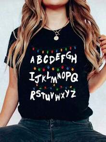 Cotton T-Shirt Alphabet Christmas Lights Stranger Gift T-Shirt Round Neck Short Sleeve Urban Fashion Breathable Soft Designer Clothing Unisex For Men Casual Clothing For Women Graphic T-Shirt 9PCL - 黑色 - 查看 6