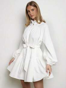 Vestido corto de mujer de manga farol de unicolor, vestido de princesa abombado, elegante para ocasiones - Blanco - Ver 7