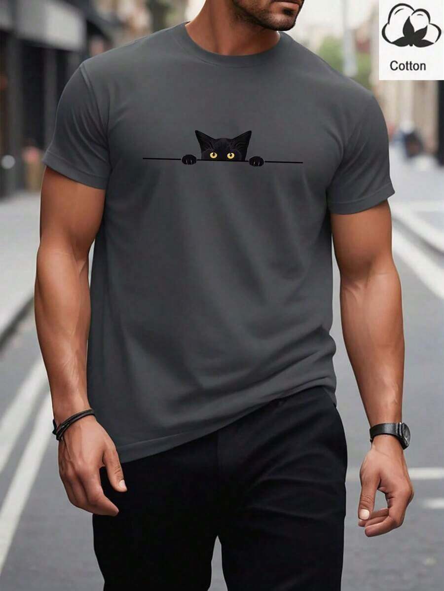 Manfinity Homme Men's Short-Sleeved T-Shirt With Cat Print, Simple Design - Dark Grey - View 1