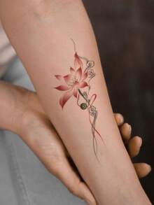 1 Tattoo Sticker - Red Ink Wash Lotus Cloud Auspicious Pattern Jade Pendant, Traditional Chinese Style Gentle Vertical Tattoo Design, Suitable For Travel, Music Festivals, Games, Graduation Gifts, Daily Use. For 3-5 Days. - Multicolor - View 5