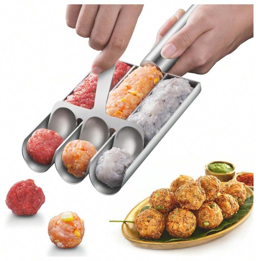 Meat Baller Spoon With Cutting Spade, Triple Meatball Maker For Meatball Lovers, DIY Meatball Making Set, Home Cooking Tools For Quick Making Meatballs - Silver - View 1