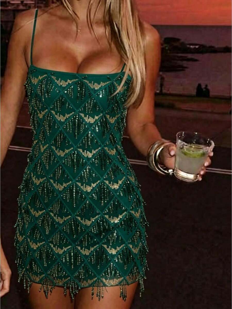 Glam Sequin Fringe Cami Mini Dress Women Bodycon Party Stage Performance Dress - Dark Green - View 1