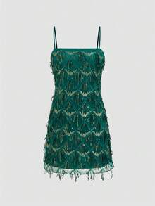 Glam Sequin Fringe Cami Mini Dress Women Bodycon Party Stage Performance Dress - Dark Green - View 2