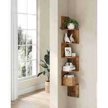 5-Tier Floating Corner Shelf, Multi-Tier Corner Shelf, Decorative Corner Wall Mount For Home, Triangular Wall Shelf, Wall Storage Organizer, Hanging Corner Shelf, Wall Plant Shelf, Wooden Corner Shelf, Easy Assembly Tiered Shelving For Bedroom, Bathroom, Kitchen, Office, Living Room, Bookshelf Decoration, 20cm Height Sufficient For Books - 棕色 - 查看 5