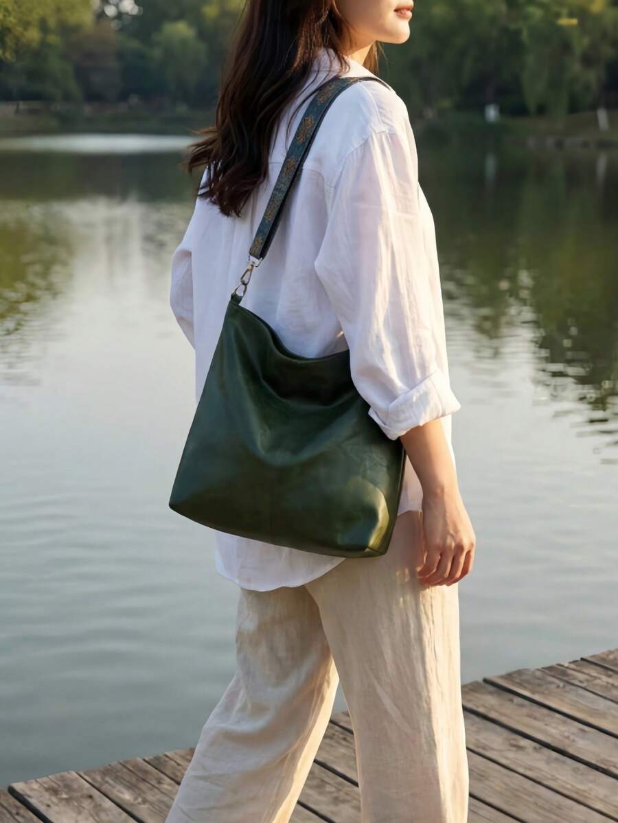 Women's High-Quality PU Bucket Bag, Wide Adjustable Printed Strap, Casual Street Style For Everyday Use - 綠色 - 查看 1